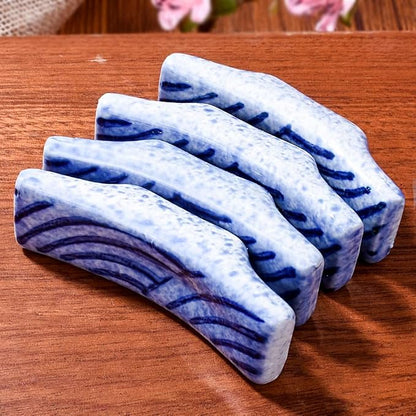 Porcelain Chopstick Holder Set of 4, 2.8" Wave Motif Spoon Fork Stands | - Image 5