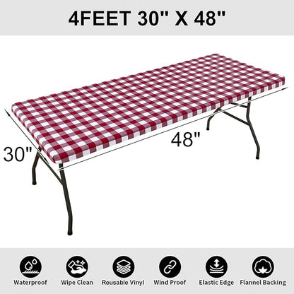 Smiry Rectangle Picnic Table Cloth, Elastic Waterproof Fitted Vinyl Tablecloths, Flannel Backed Buffalo Plaid Table Covers for Dining, Camping, Outdoor (Burgundy and White, 30" x 48")