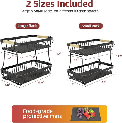 2-Tier Fruit Basket with Banana Hangers, Detachable Metal Bowl | Wooden handle - Image 8