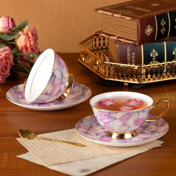 KAMMAK Tea Cups and Saucers Set of 2, Porcelain Coffee Cups, JBE024 | Stackable - Image 7