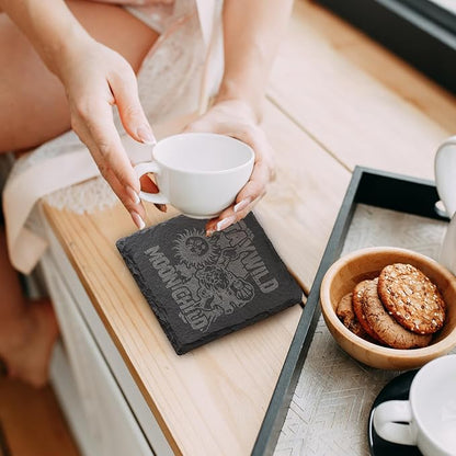 16 Pack Stone Coaster Set with Metal Stand 4-inch Square Laser-Engraved Black Stone Coasters with Protective Pads on The Bottom Ideal for Home,bar, and Gift Occasions (Weddings, housewarmings)