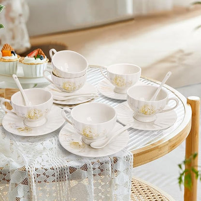WRINGKIT Tea Cups and Saucers Set of 6, 7 Oz, Microwave Safe | Elegant - Image 5