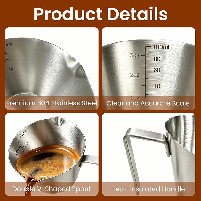 2 Pc Stainless Steel Espresso Shot Cups, 3.4oz/100ml, V-Shaped Mouth - Image 4