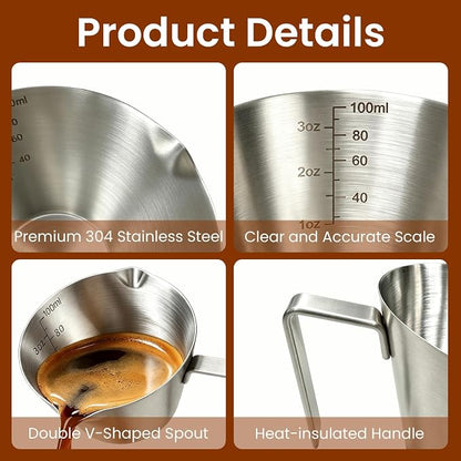 3 Pc Stainless Steel Espresso Shot Cups, 3.4oz/100ml, V-Shaped Mouth - Image 4