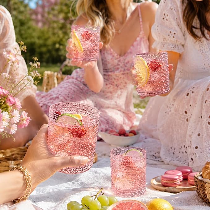 Khen Hobnail Beaded Highball Drinking Tumbler Glasses | Set of 6 | Pastel Pink - Image 8