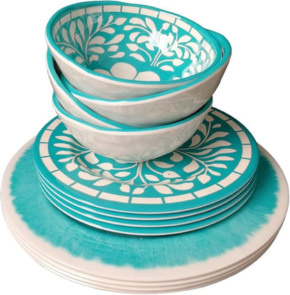Melamine Dinnerware Sets -12 Piece Plates and Bowls Set for Indoor and Outdoor Use, Lightweight,Teal color,Green