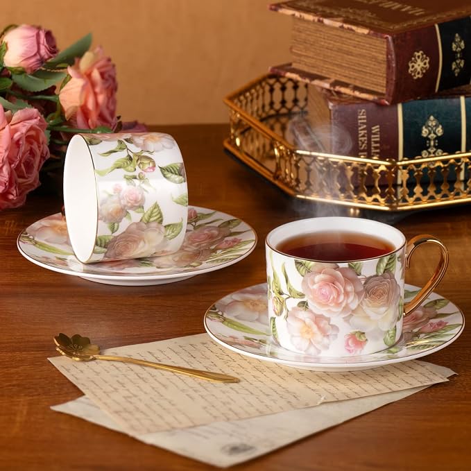 KAMMAK Tea Cups and Saucers Set of 2, Porcelain Coffee Cups, JBE027 | Stackable - Image 7