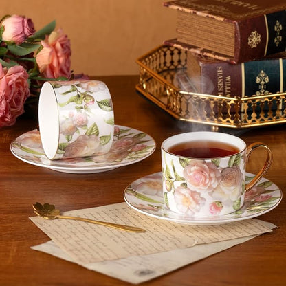 KAMMAK Tea Cups and Saucers Set of 2, Porcelain Coffee Cups, JBE027 | Stackable - Image 7