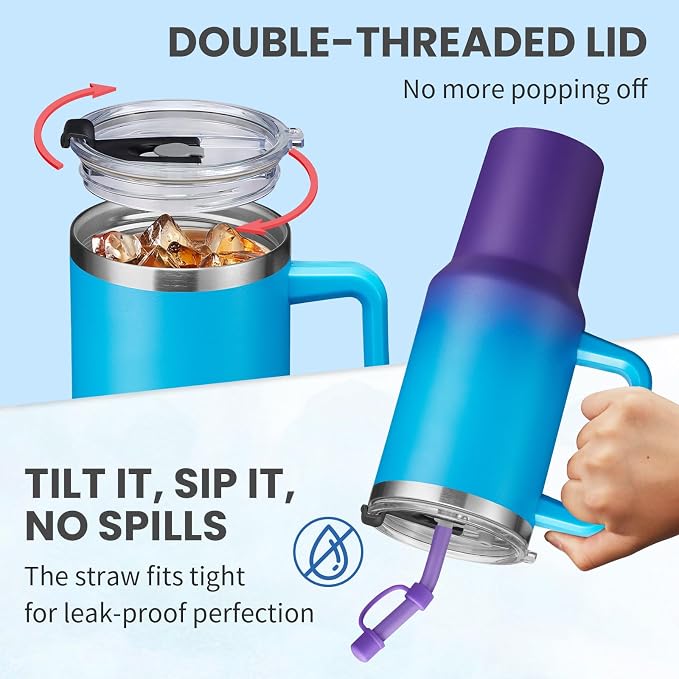 BENZZO 40 oz Tumbler with Handle Straw and 2-in-1 Lid Made of Metal Travel Mug - Image 3