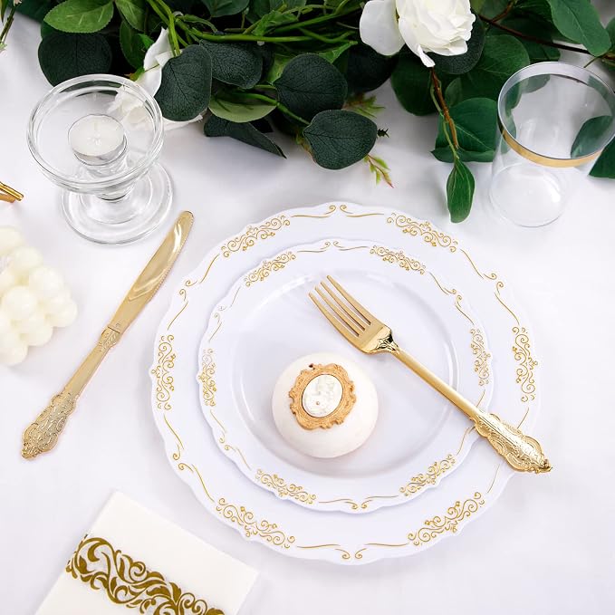 LIYH 350 Pcs Gold Plastic Dinnerware Set, 10 oz Cups - Image 9