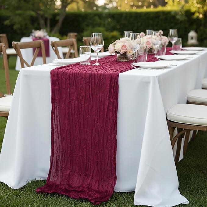 3 Pack Burgundy Red Cheesecloth Table Runner 120 Inch Boho Wedding Decor | - Image 7
