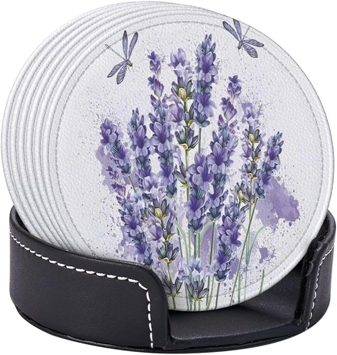 6 Pcs Lavender Flower Purple Floral Dragonfly Leather Coasters - Image 6