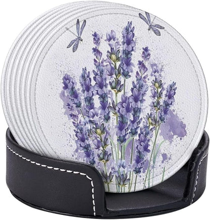 6 Pcs Lavender Flower Purple Floral Dragonfly Leather Coasters - Image 6