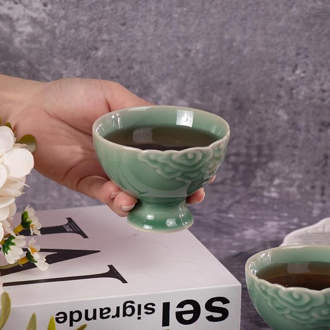 KAMMAK Tea Cup Set of 2 Small Tea Cups 3.7oz Green Porcelain Tea Cup Set - Image 6