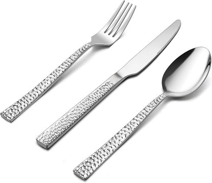 E-far 36-Piece Hammered Silverware Set, Stainless Steel Flatware Set by E-far