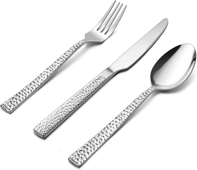 E-far 24-Piece Hammered Silverware Set, Stainless Steel Flatware Set by E-far