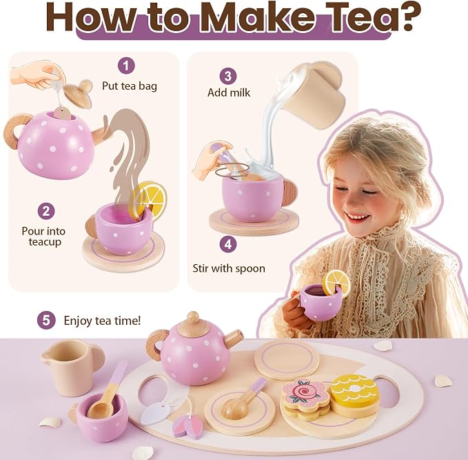 Tea Party Set for Little Girls, Wooden Tea Set for Toddlers 1-3 | Girls Tea - Image 3