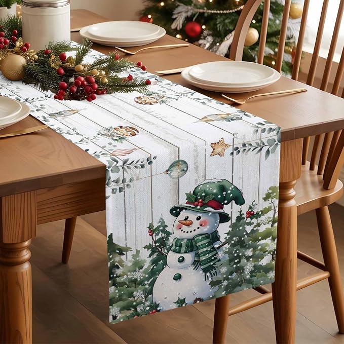 Christmas Snowman Table Runner 72 Inches Long, Xmas Trees Eucalyptus Leaves - Image 3