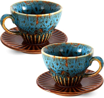 4 oz Espresso Cups and Saucers Set of 2, Ceramic Tea Cup by YINUOWEI