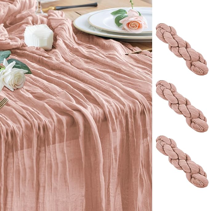 Cheesecloth Table Runner Dusty Pink 10FT Boho Gauze, 3 Pack | 120 Inch Cheese by Wokceer