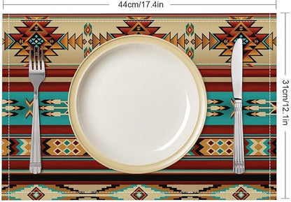 Southwestern Native Aztec Placemats Rustic Tribal Geometric Decorative Table Mat Antique Native Heat Resistant Place Mats for Dining Kitchen Party Holiday Decor 12x18Inch Set of 6