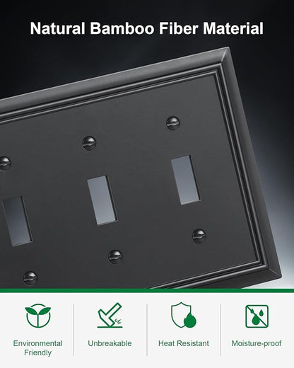 2-Pack Triple Toggle Light Switch Cover Plate, Durable Natural Bamboo Fiber Decorative Switch Plate Covers, Matte Black 3 Gang Wall Plate, Corrosion Resistant