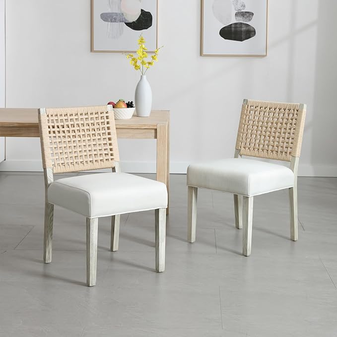Farmhouse Dining Chairs Set of 6 Linen Fabric Upholstered Accent Side Chair, Mid Century Modern Kitchen & Dining Room Chairs with Woven Rope Back for Home, Living Room, Bedroom - White
