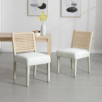 Farmhouse Dining Chairs Set of 4 Linen Fabric Upholstered Accent Side Chair, Mid Century Modern Kitchen & Dining Room Chairs with Woven Rope Back for Home, Living Room, Bedroom - White