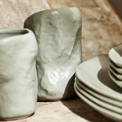 Stone by Mercer Project Atik Modern Stoneware 16-Piece Dinnerware Set, Plate and Bowl Set, Dish set for 4, Sage-Grey