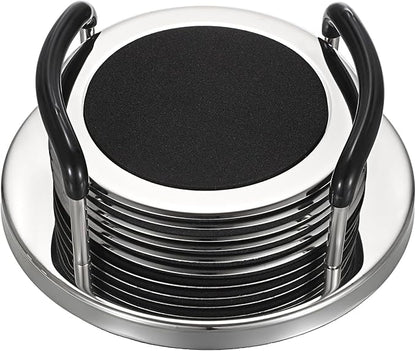 JUXYES Set of 6 Stainless Steel Round Coasters with Holder & Sponge Bottom, Silver Black Metal Cup Coasters Set Stunning Cool Coaster Cups Mats Decor for Restaurant Kitchen bar Dining Table