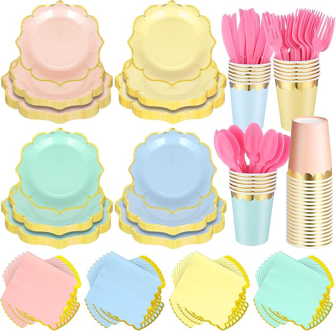Yaomiao 168 Pcs Pastel Scalloped Paper Plates Cups Napkin by Yaomiao