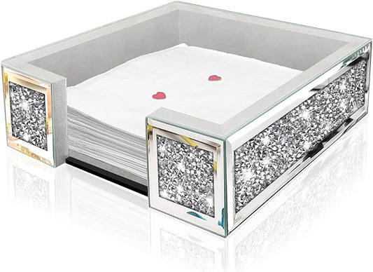 Wocred Flat Mirror Napkin Holder for Bathroom Vanity,Crystal Crushed Diamond Guest Towel Holder,Cute Napkin Tray for Kitchen,Dining table,Guest Bathroom.(8.1”X8.1”X2.6”)