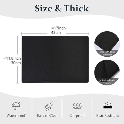 FROMHEART Faux Leather Placemats Set of 6–Waterproof,Heat/Oil Stain-Resistant PU Table Mat–Reversible,Non-Slip,Easy to Clean Place Mats for Kitchen,Dining,Indoor/Outdoor,(Black,11.8" x 17")
