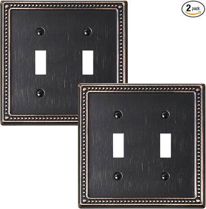 2-Pack Double Toggle Light Switch Cover Plate, Pearls Decorative Dual Switch Plate Covers, Aged Bronze 2 Gang Metal Wall Plate, Corrosion Resistant