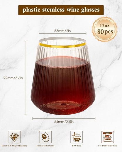 Goodluck 80 Pack 12oz Stemless Clear Ribbed Plastic Wine Glasses Gold Rim | - Image 2
