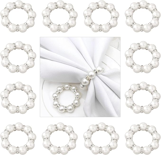12Pcs Pearl Napkin Rings, Imitation Pearl Ring Napkin Wedding Beaded White | - Image 8
