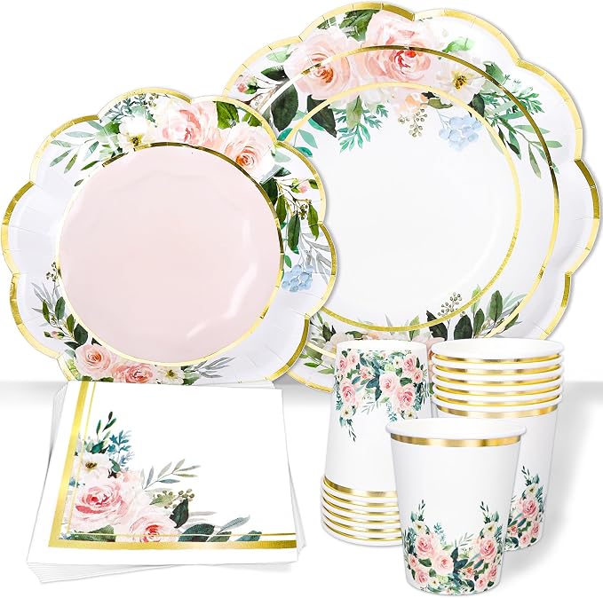 Whaline 100Pcs Pink Floral Paper Tableware Set Spring Flower Gold Foil by Whaline