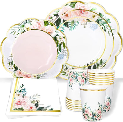 Whaline 100Pcs Pink Floral Paper Tableware Set Spring Flower Gold Foil by Whaline