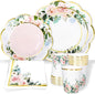 Whaline 100Pcs Pink Floral Paper Tableware Set Spring Flower Gold Foil by Whaline