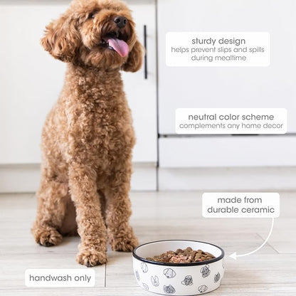 Pearhead Ceramic Dog Faces Dog Bowl, Holds 2 Cups, Stoneware Food and Water Dish for Dogs up to 20 lbs, Heavy Non-Slip Base, Small/Medium