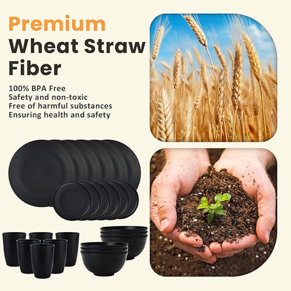 Homienly 24-Piece Wheat Straw Dinnerware Sets,Service for 6 - Cups, Plates and Bowls Sets,Reusable Dishwasher and Microwave Safe Melamine Dinnerware Set for Home,Camping,RVs - Black