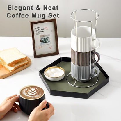 HASENSE Large Coffee Mug Set of 4 - 15 oz Stacking Ceramic Ribbed Latte Cups Set - Image 5
