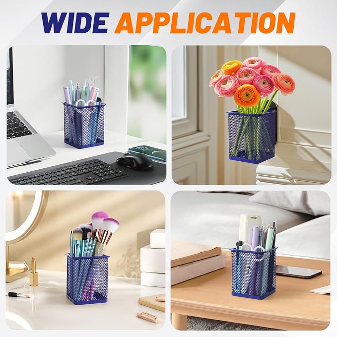 Segarty Pen Holder for Desk, 3 Pack Square Dark Blue Pen Cup Holder, Wire Mesh - Image 6