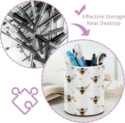 Leather Pen Holder for Desk, Bees Pencil Cup Pen Organizer Makeup Brush Holder - Image 4