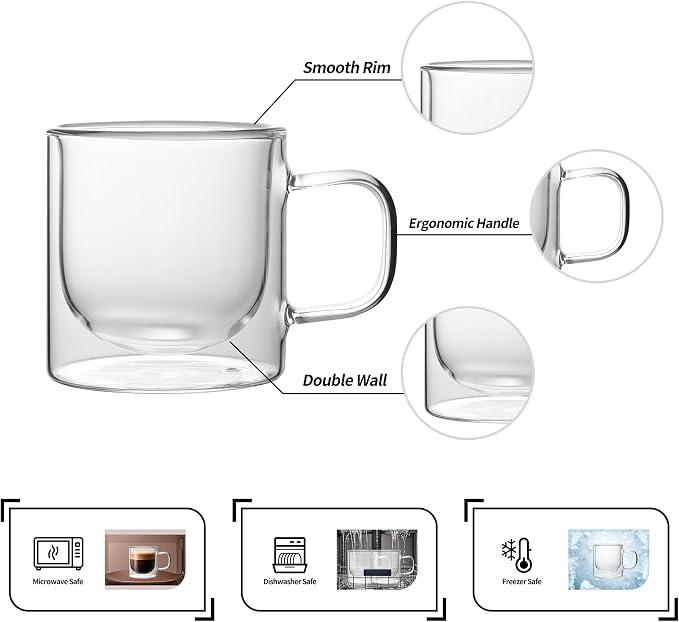 NIRA.Z Double Wall Glass Coffee Mugs Set of 4, 12 oz Insulated Borosilicate - Image 3