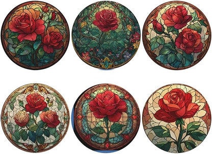 Rose Coasters for Drinks with Holder Round Leather Coasters Set of 6 Cups Mugs Mat Pad for Home Kitchen Bar