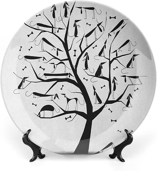 Decorative Plates, Abstract Print Ornament, Monochrome Autumn Season Tree with Dog on The Branches, 6 Inch, Kitchen Wall Decor, Black and White
