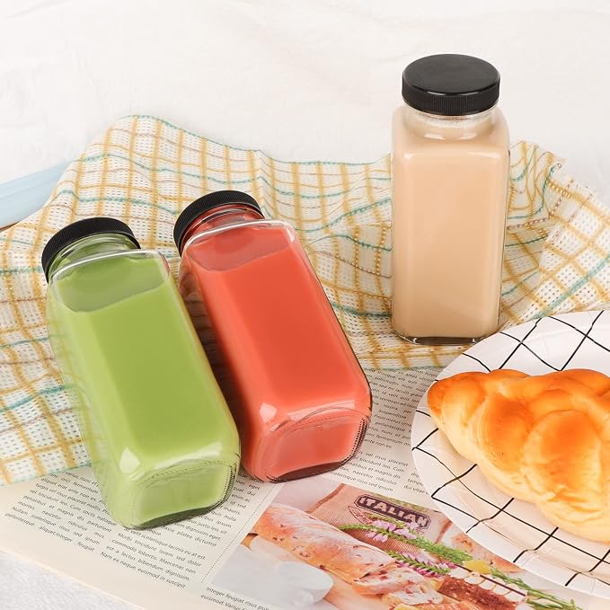 GUANENA 12 Pack Glass Drink Bottles, 8.5 OZ Vintage Square Water Bottles - Image 5