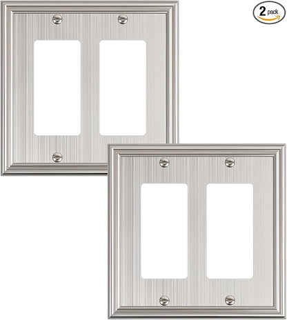 2-Pack Decorative Double Decorator Outlet Cover Plate, Durable Zinc Alloy Brushed Nickel Wall Plates for Electrical Outlets, Receptacle, GFCI Outlet, Dimmer Switch, 2-Gang
