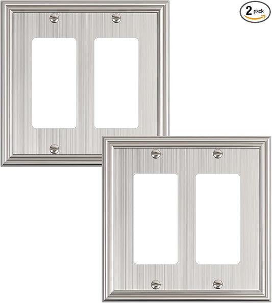 2-Pack Decorative Double Decorator Outlet Cover Plate, Durable Zinc Alloy Brushed Nickel Wall Plates for Electrical Outlets, Receptacle, GFCI Outlet, Dimmer Switch, 2-Gang